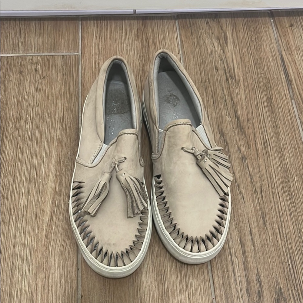 J Slides Tan Moccasin Flats with Tassel Detail